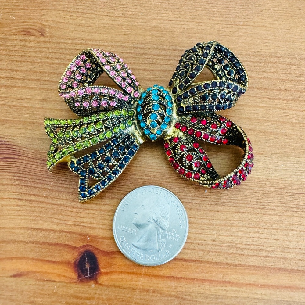 Vintage LRG Multicolor Crystal Bow Brooch colorful statement jewelry